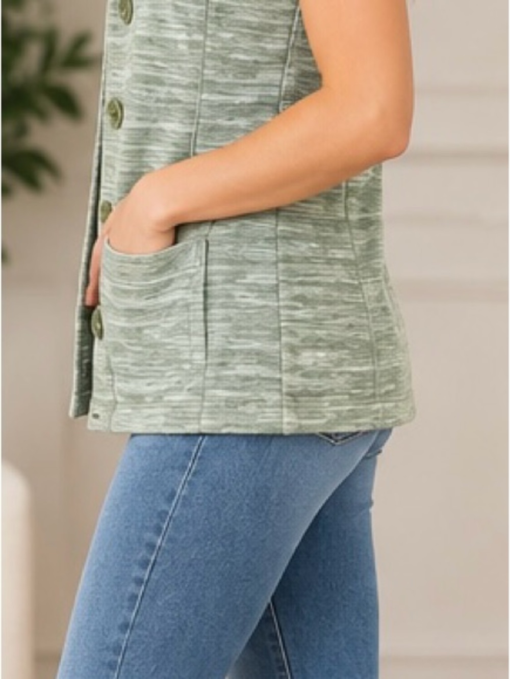 Matilda Jane Marled Sage Green Button-Front Sleeveless Vest